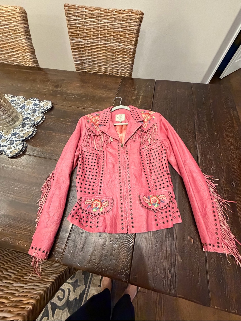 Double D Ranch Pink Embroidered Fringe Leather Jacket - Picture 3 of 11